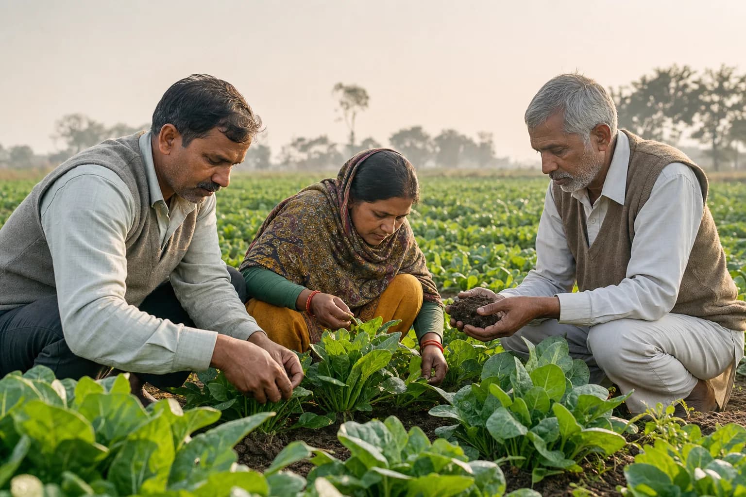 Farmers examining leafy crops and soil together in a cultivated field