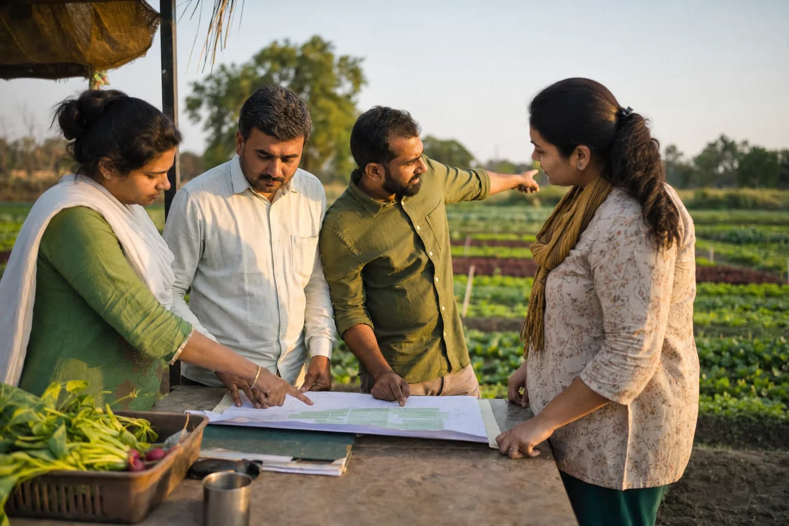 A farm operations team reviewing a field plan beside cultivated plots
